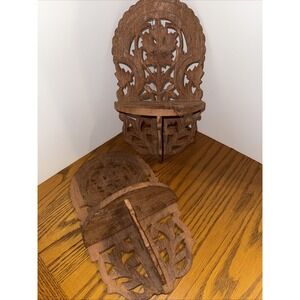 Pair of Vintage Hand Carved Wood Collapsible Wall‎ Shelves, Leaf Design, India